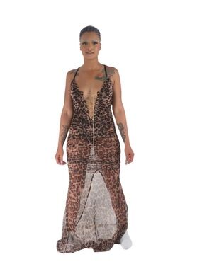 Sheer Leopard Print Lace-Up Maxi Dress - Brown
